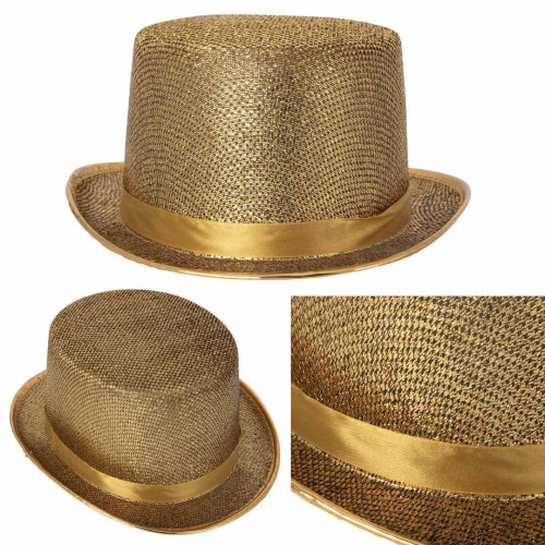 Chapeau haut de forme luxe en couleur doré en vente chez Be Happy pour vos soirée festif et à thème