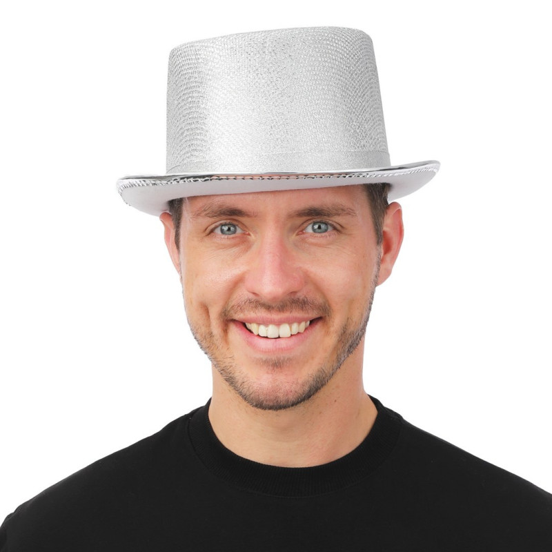 Chapeau haut de forme luxe en couleur argenté en vente chez Be Happy pour vos soirée festif et à thème