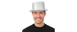 Chapeau haut de forme luxe en couleur argenté en vente chez Be Happy pour vos soirée festif et à thème