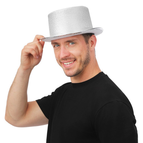 Chapeau haut de forme luxe en couleur argenté en vente chez Be Happy pour vos soirée festif et à thème