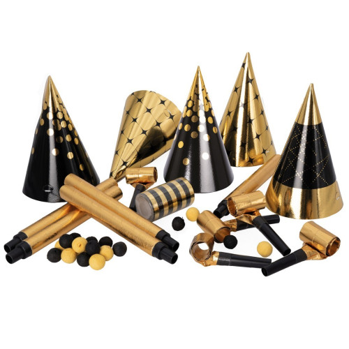 Kit cotillons de fête pour 5 personnes couleur noir et or en vente chez Be Happy. Boutique festif à Paris
