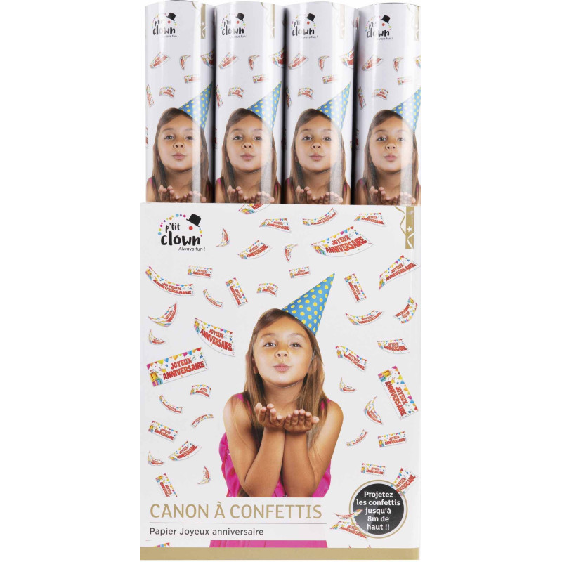 Canon à confettis Joyeux Anniversaire de 40cm en papier projection 5m en vente chez Be Happy