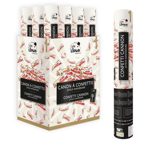 Canon à confettis Joyeux Anniversaire de 40cm en papier projection 5m en vente chez Be Happy