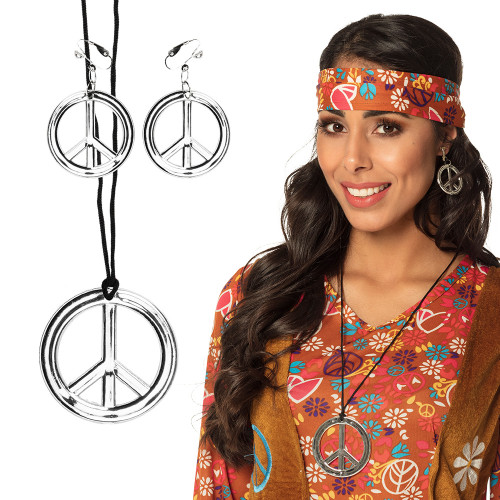 Set bijoux hippie Peace and Love couleur argenté pour adulte avec collier et boucle d'oreille en vente à Be Happy.