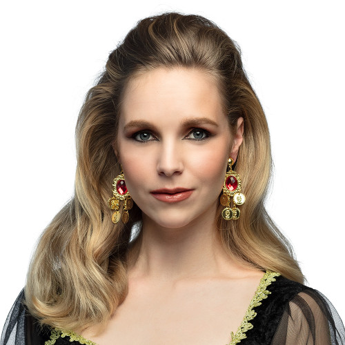 Boucles d'oreilles médiévale, moyen-âge couleur or avec pendentif en ruby rouge pour adulte en vente.