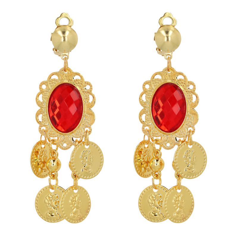 Boucles d'oreilles médiévale, moyen-âge couleur or avec pendentif en ruby rouge pour adulte en vente.