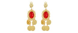 Boucles d'oreilles médiévale, moyen-âge couleur or avec pendentif en ruby rouge pour adulte en vente.