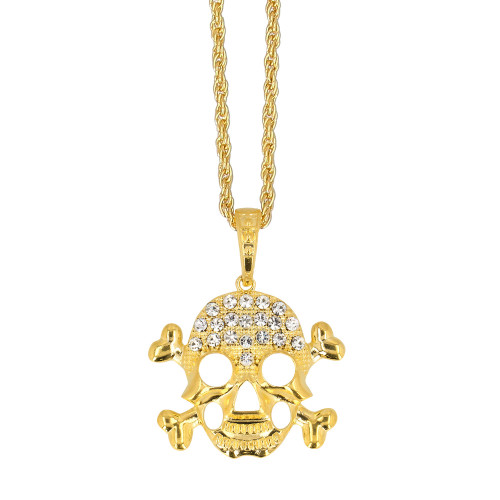 Collier pirate tête de mort doré en métal avec strass en vente chez Be Happy à Paris