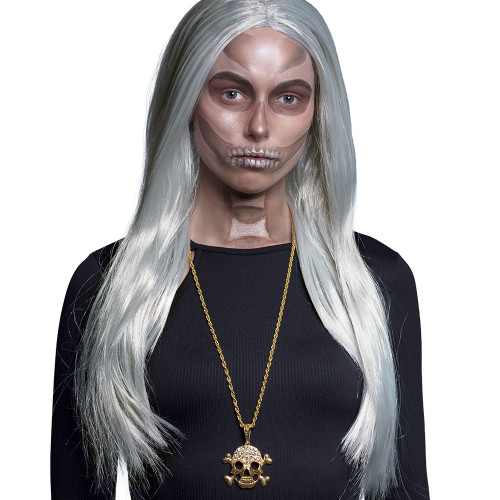 Collier pirate tête de mort doré en métal avec strass en vente chez Be Happy à Paris