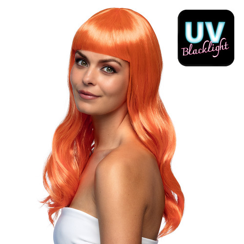 Perruque Lola orange longue et raide à frange couleur orange néon (UV) en vente chez Be Happy à Paris.