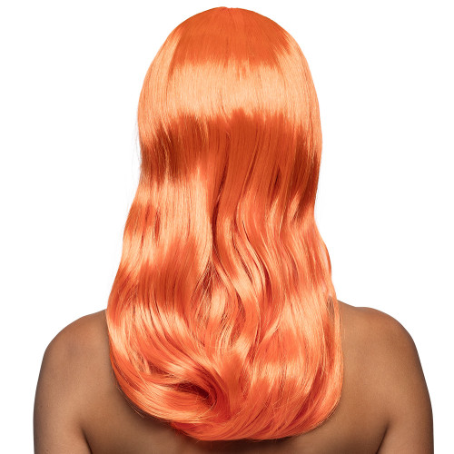 Perruque Lola orange longue et raide à frange couleur orange néon (UV) en vente chez Be Happy à Paris.