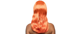 Perruque Lola orange longue et raide à frange couleur orange néon (UV) en vente chez Be Happy à Paris.