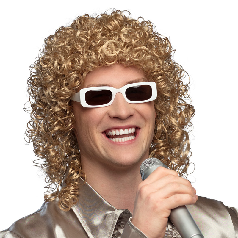 Perruque chanteur musicien Michel Polnareff luxe avec lunettes blanche pour adulte en vente à Be Happy.
