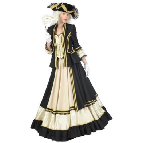 Robe époque marquise marie Antoinette, vénitienne luxe noire et doré en location à Paris