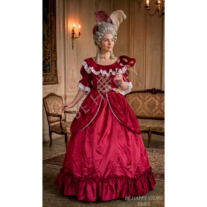 Location robe marquise Marie Antoinette rouge, robe Versailles chez Be Happy à Paris