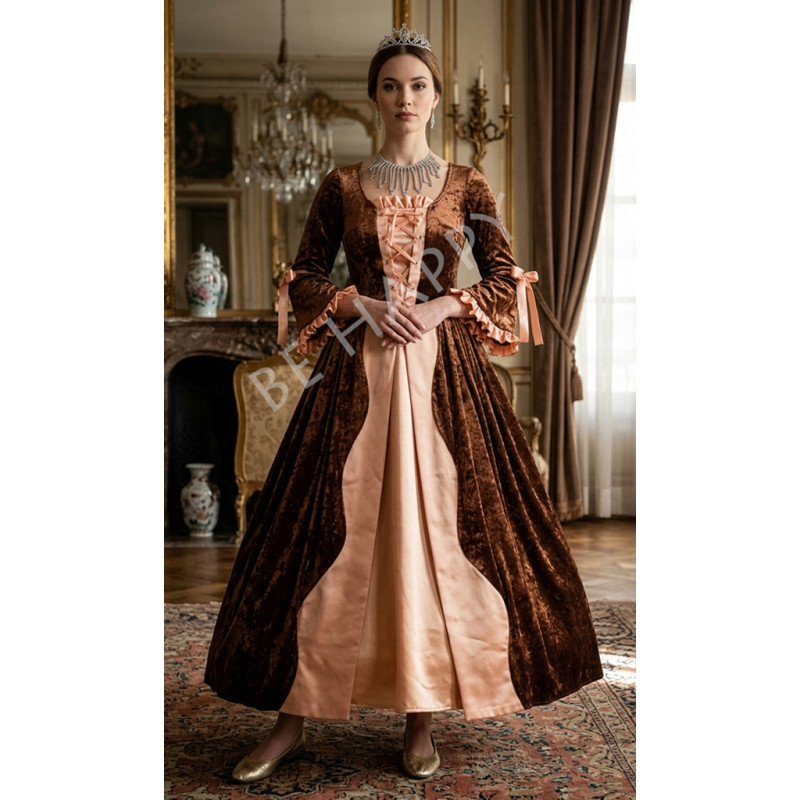 Location robe de princesse Berthilde en velours marron et satin pêche style Renaissance
