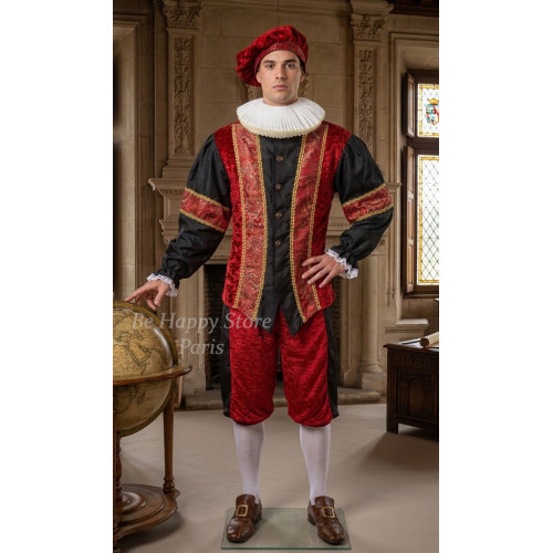 Costume roi renaissance. Homme portant le costume de la Renaissance Roi de Castille en velours rouge et noir, boutique Be Happy.