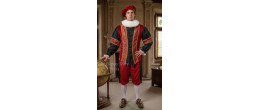 Costume roi renaissance. Homme portant le costume de la Renaissance Roi de Castille en velours rouge et noir, boutique Be Happy.