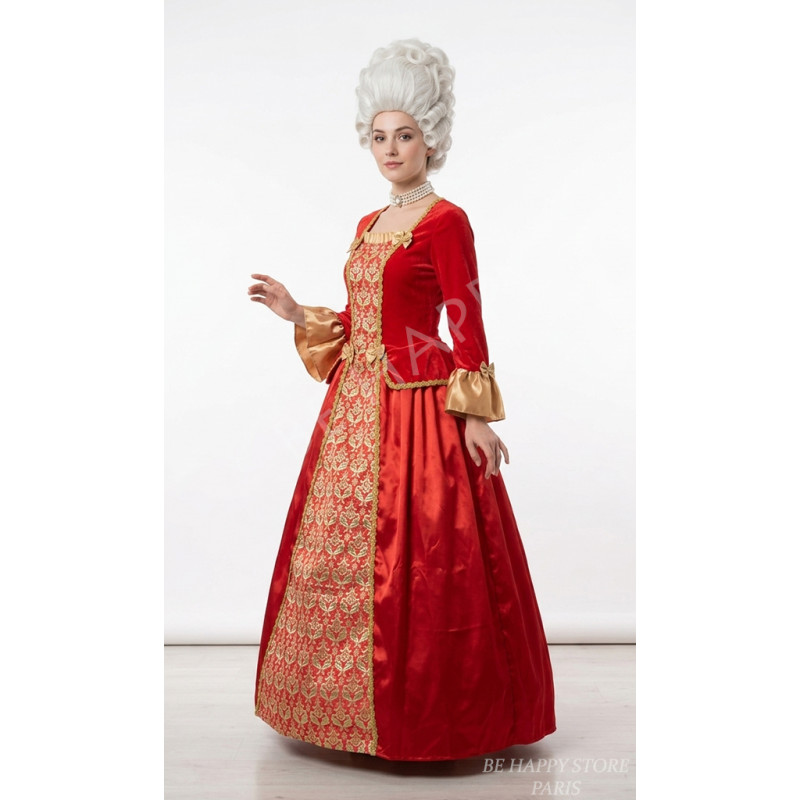 Robe de duchesse rouge et or style 18ème siècle, broderies baroques, proposée par la boutique Be Happy.