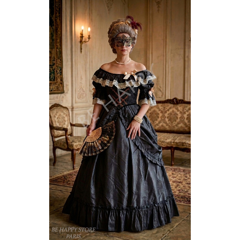 Location robe marquise Marie Antoinette noire, robe Versailles chez Be Happy à Paris