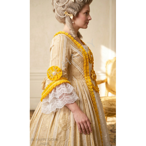 Femme portant la robe de prestige Marie-Antoinette, Souveraine de Trianon jaune et or, boutique de location Be Happy.