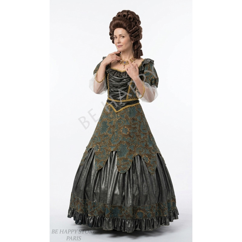 robe Renaissance Baronne de Brocéliande aux motifs verts et bronze avec perruque brune, boutique Be Happy