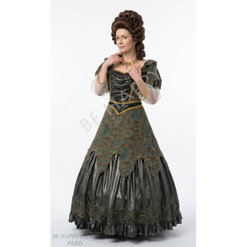 robe Renaissance Baronne de Brocéliande aux motifs verts et bronze avec perruque brune, boutique Be Happy