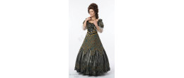robe Renaissance Baronne de Brocéliande aux motifs verts et bronze avec perruque brune, boutique Be Happy