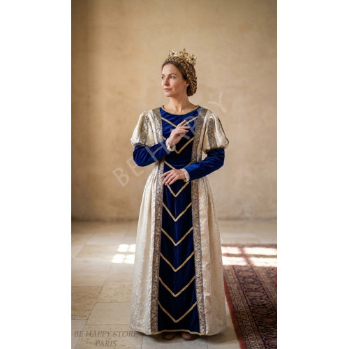 Femme portant la robe royale Marguerite de Valois en velours bleu et ivoire avec sa couronne dorée, boutique Be Happy.