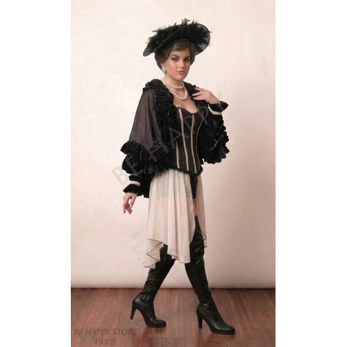 Femme portant la robe à franges Diva Suzie style cabaret 1920 avec collier de perles et bandeau, boutique Be Happy.