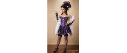 tenue Mistinguett de Paris avec corset argenté, jupe courte noire et boa de plumes, boutique Be Happy.