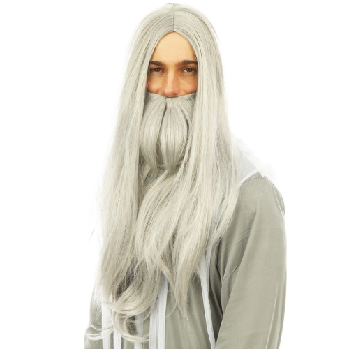 Perruque druide, mage, panoramix, sorcier, ensorceleur, père fourra de couleur grise, longue avec barbe longue 60cm en vente