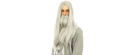 Perruque druide, mage, panoramix, sorcier, ensorceleur, père fourra de couleur grise, longue avec barbe longue 60cm en vente