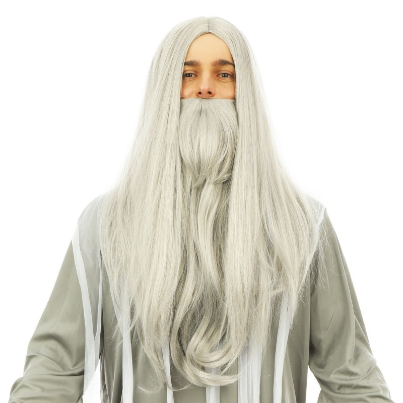 Perruque druide, mage, panoramix, sorcier, ensorceleur, père fourra de couleur grise, longue avec barbe longue 60cm en vente