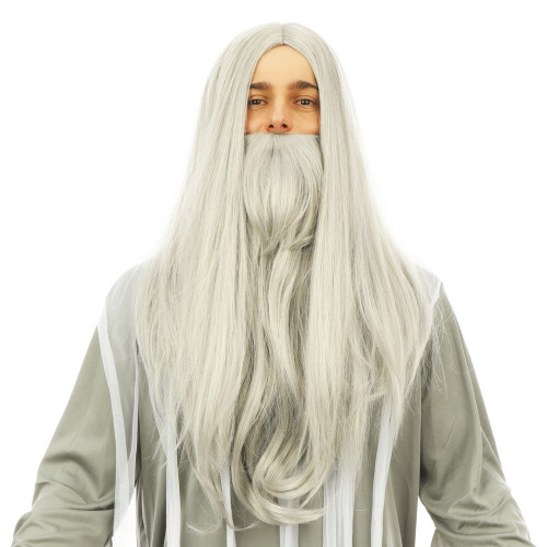 Perruque druide, mage, panoramix, sorcier, ensorceleur, père fourra de couleur grise, longue avec barbe longue 60cm en vente