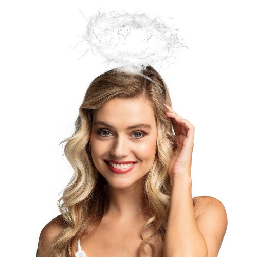 Auréole d'ange blanche en plumes pour adulte en vente à Paris chez Be Happy