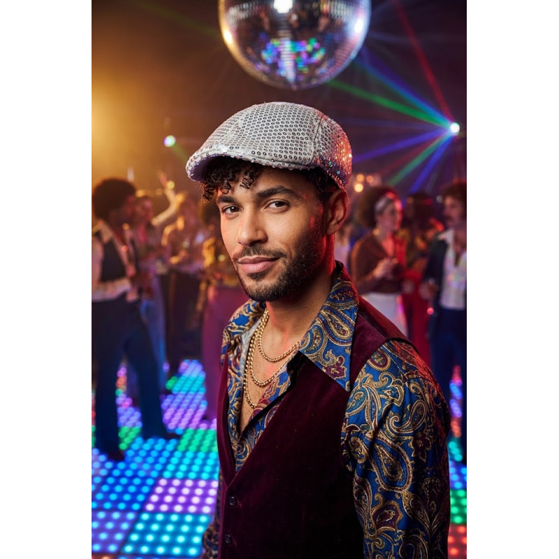 Beret disco argenté année 70 et 80 luxe pailleté pour adulte en vente chez Be Happy Paris