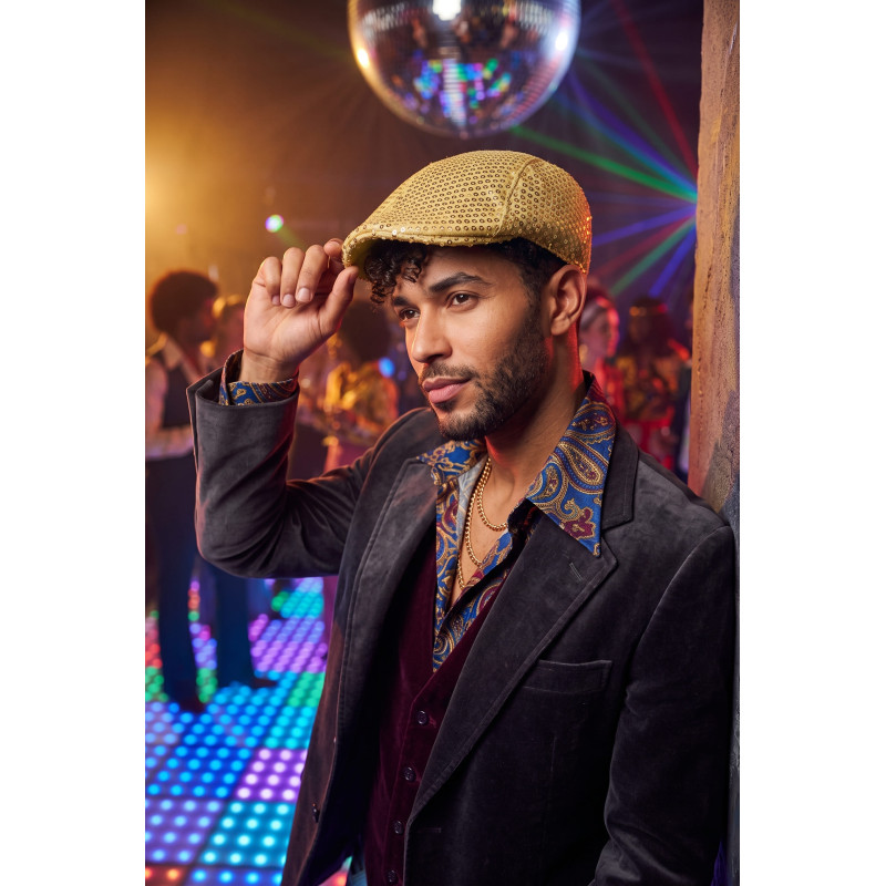 Beret disco doré année 70 et 80 luxe pailetté pour adulte en vente chez Be Happy Paris