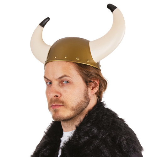 Vente casque Viking doré avec grande cornes pour adulte chez Be Happy à Paris et en ligne.