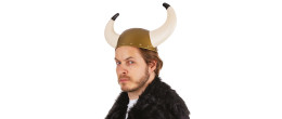 Vente casque Viking doré avec grande cornes pour adulte chez Be Happy à Paris et en ligne.