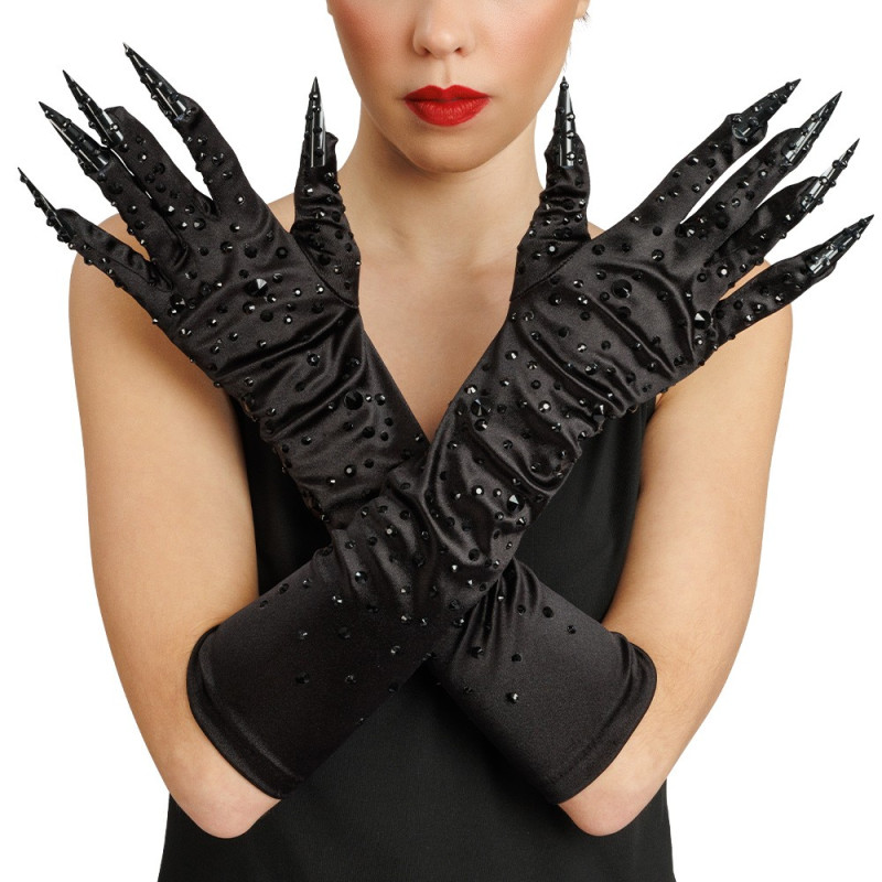Paire de gants de diablesse noir avec diamants et griffes noir long de 45cm en vente à Paris chez Be Happy