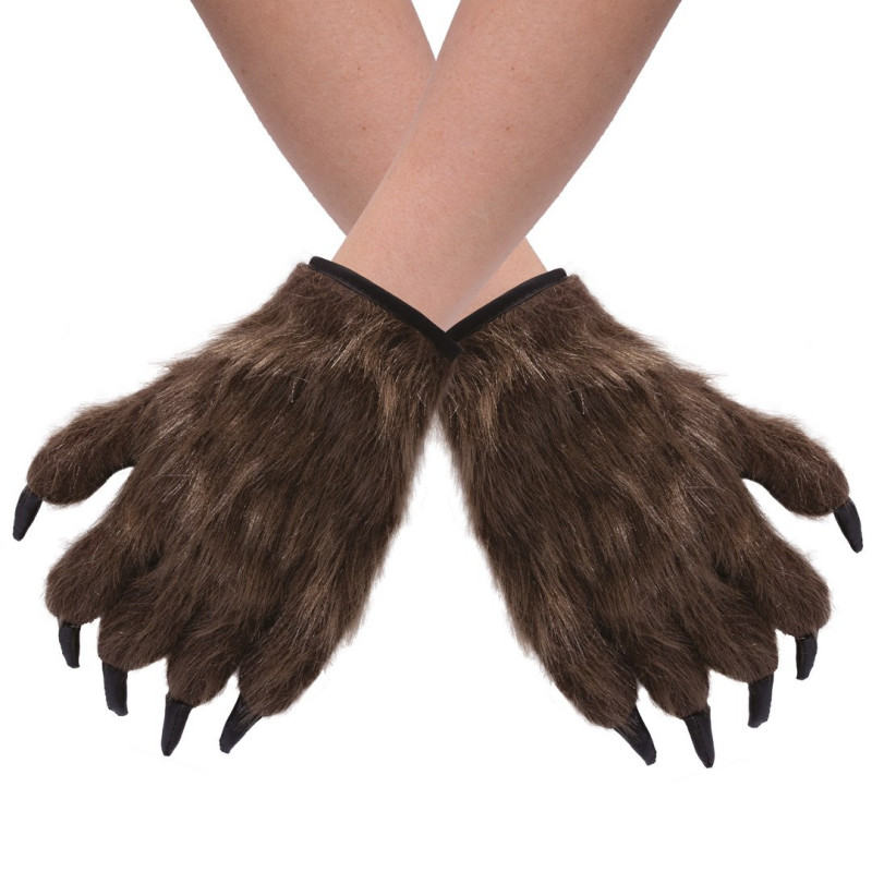 Gants main de loup garou avec fourrure marron et griffes en vente.