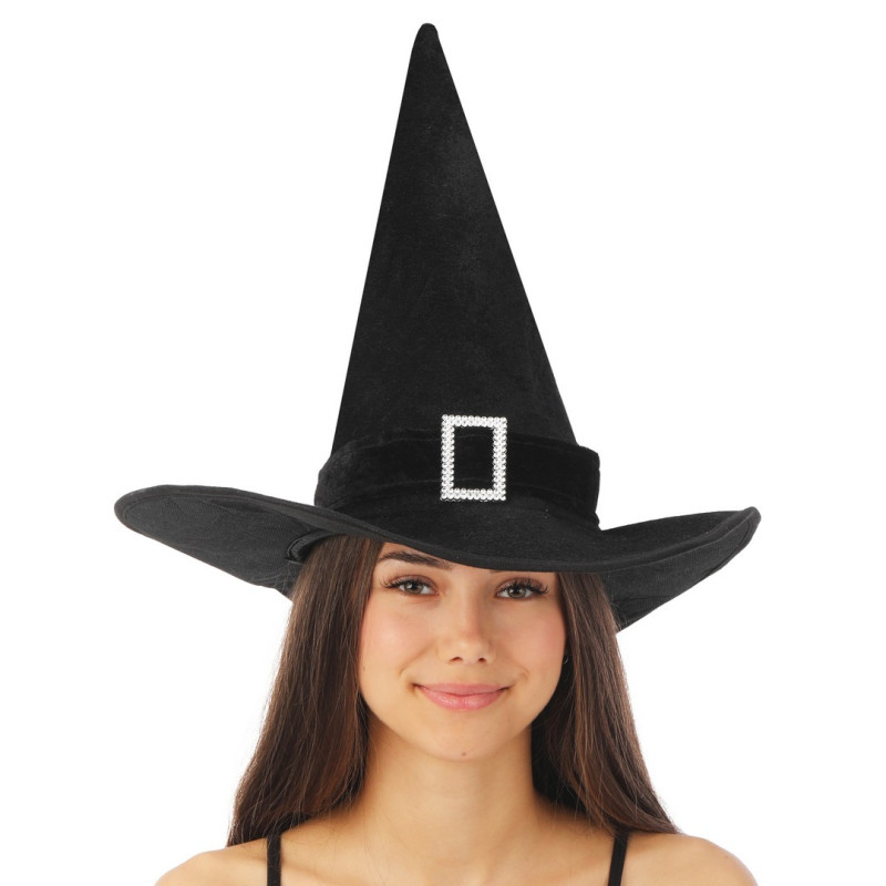 Chapeau sorcière noir en velours avec boucle argent pour adulte en vente chez Be Happy Paris, boutique halloween