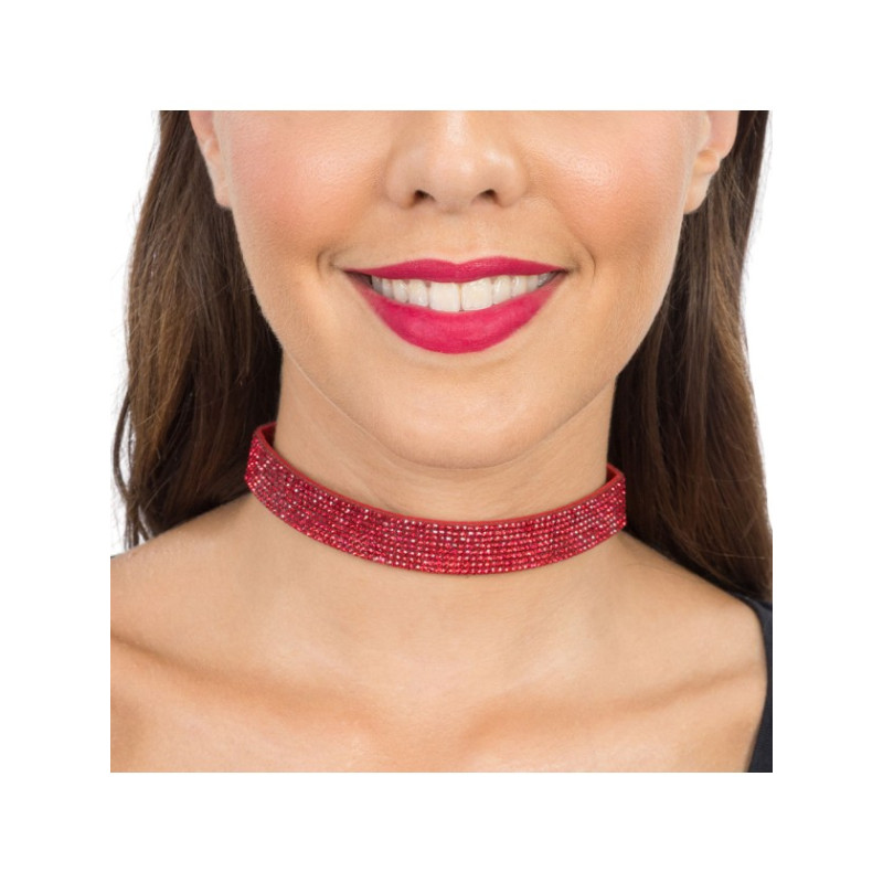 Collier ras de cou strass rouge luxe réglable pour adulte en vente.