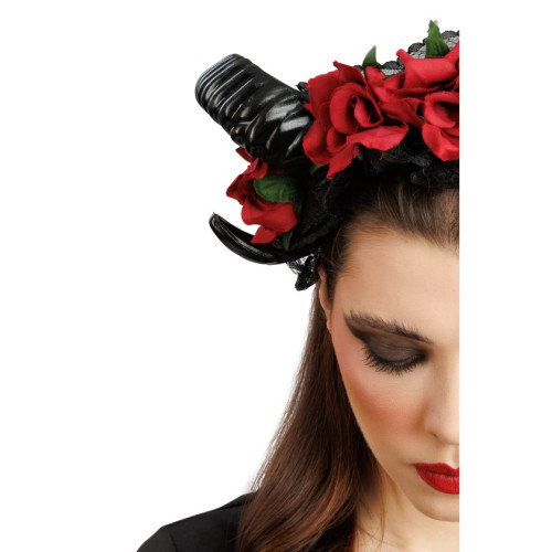 Serre tête cornes diable noirs avec roses rouge dia de los muertos en vente pour Halloween