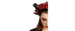 Serre tête cornes diable noirs avec roses rouge dia de los muertos en vente pour Halloween