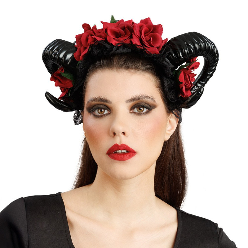 Serre tête cornes diable noirs avec roses rouge dia de los muertos en vente pour Halloween