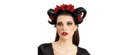 Serre tête cornes diable noirs avec roses rouge dia de los muertos en vente pour Halloween