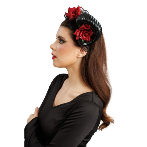 Serre tête cornes diable noirs avec roses rouge dia de los muertos en vente pour Halloween