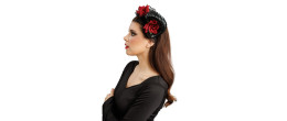 Serre tête cornes diable noirs avec roses rouge dia de los muertos en vente pour Halloween